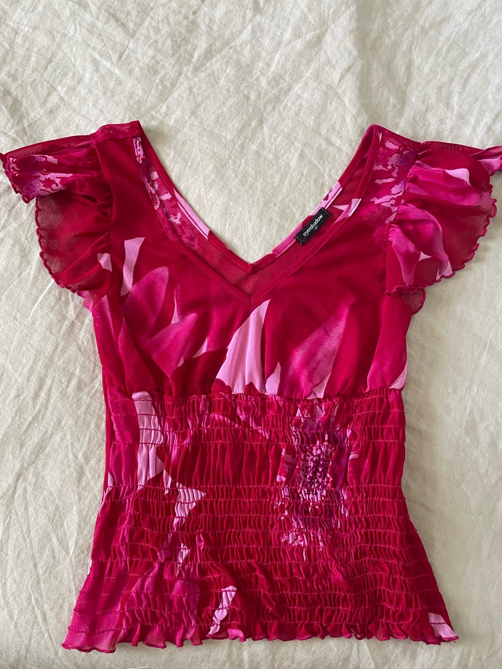 Eyeshadow Fuchsia Floral Smocked V-Neck Top